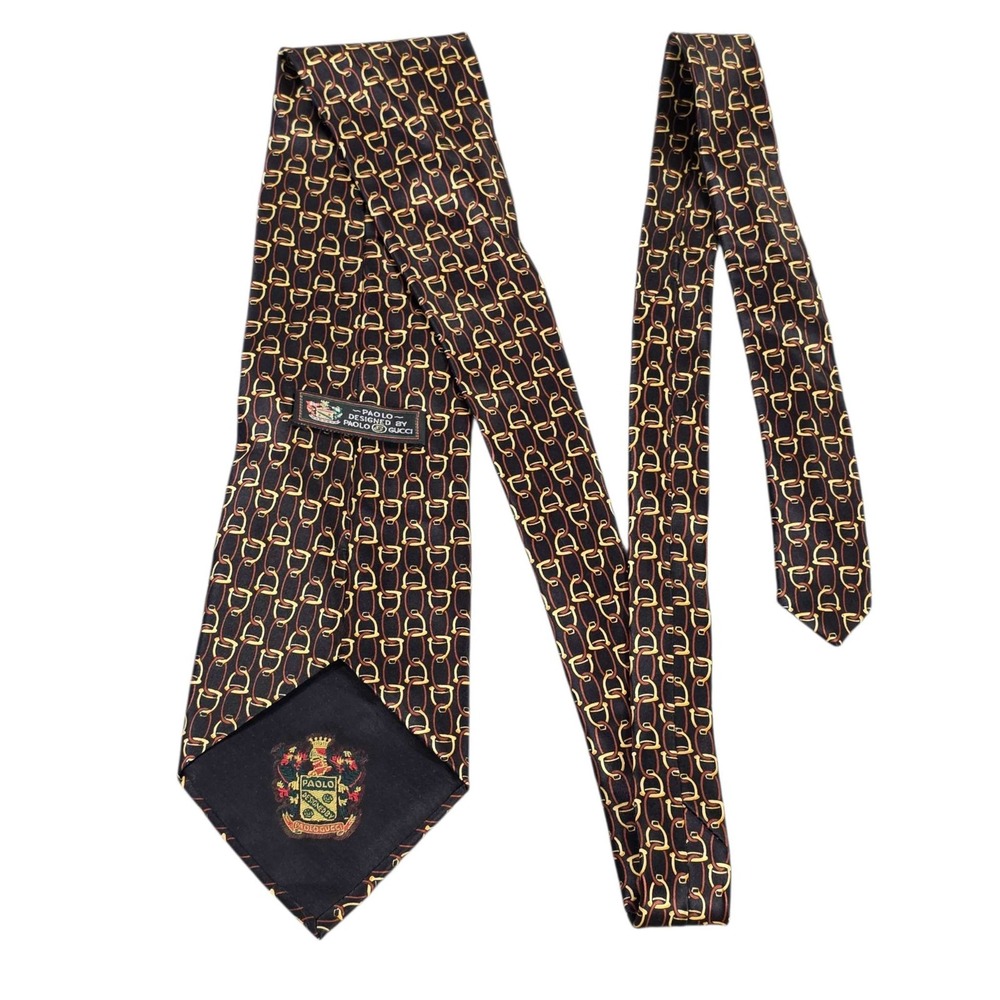 PAOLO GUCCI Silk Tie Equestrian Bit Pattern Black Gold Red Designer Mens